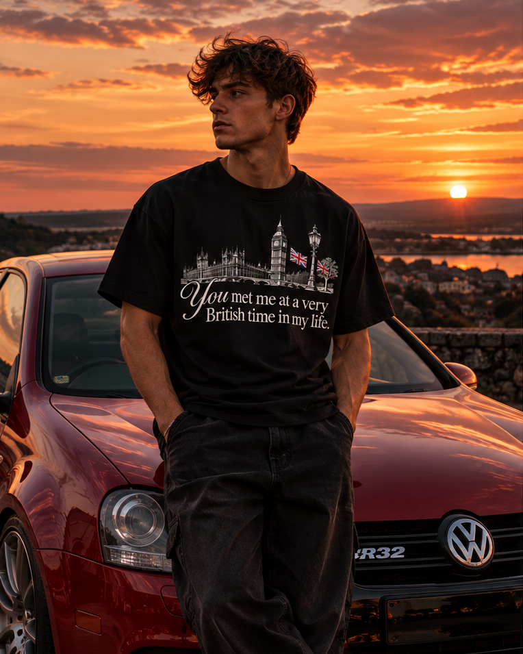 Front of the black British time tee on a model at sunset, with a white line drawing of Westminster, a lamp post and two Union flags above the slogan