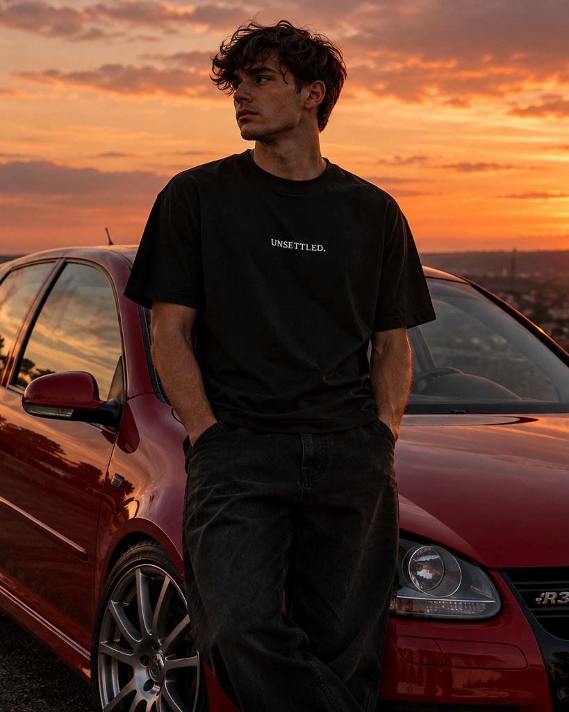 Front of the black UNSETTLED Core Tee on a model at sunset, with a small white UNSETTLED. print on the chest