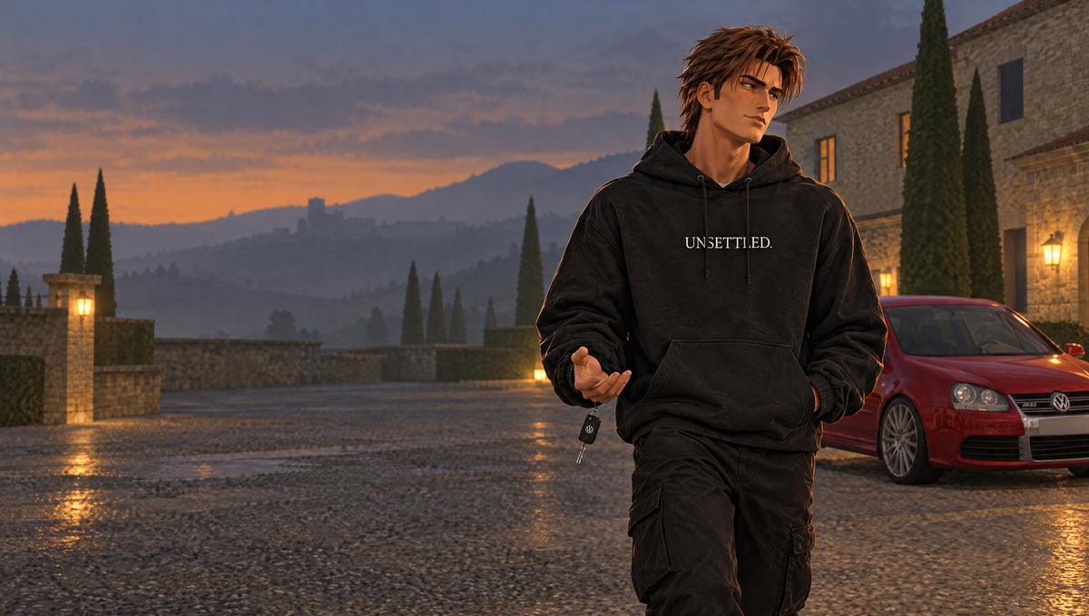 A man in the black UNSETTLED Core Hoodie walking across a villa courtyard at dusk, a red hatchback parked behind him